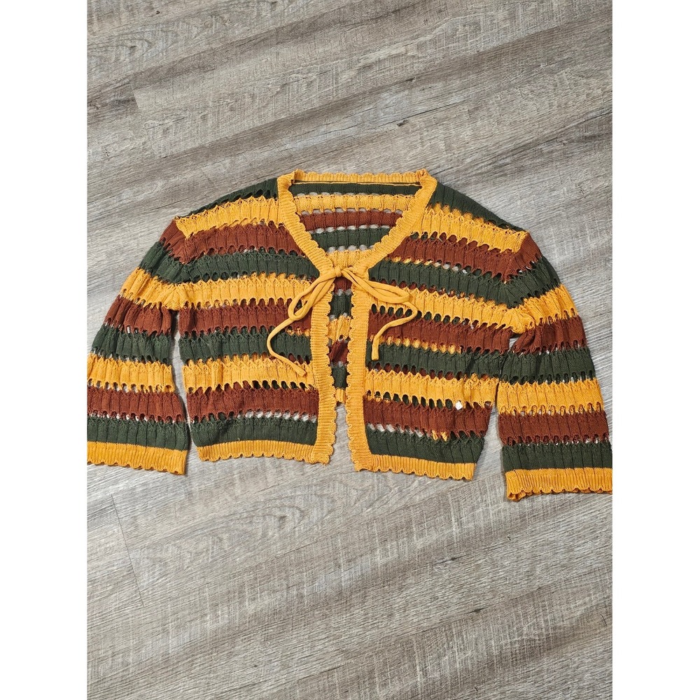 Boho Striped Open Knit Cropped Cardigan Sweater Tie Front Earth Tones M‎ Cider